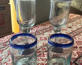 SAT343 - Set Of Four Blue Rimmed Glassware