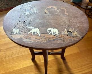 SAT209 - Vintage Shibayama-Style Hardwood Side Table with an Inlaid Elephant Scene