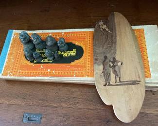 SAT361 - Burmese Parabaik, Bronze Opium Weights, & Wooden Plaque