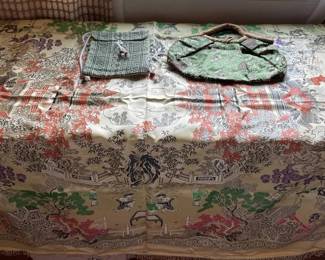 SAT496 - Chinese Silk Brocade Tablecloth & 2 Woven Handbags
