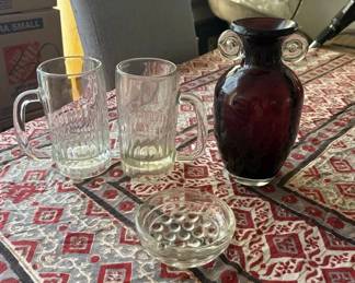 SAT348 - Purple Glass Vase, Ashtray, Two Glass Mugs