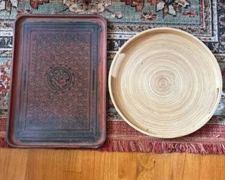 SAT275 - Vintage Burmese Lacquerware & Spun Bamboo Serving Tray Set