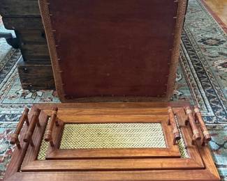 SAT278 - Vintage Pier 1 Imports Boho Wood Rattan Nesting Trays (Set of 3) & Leather Mat Bundle