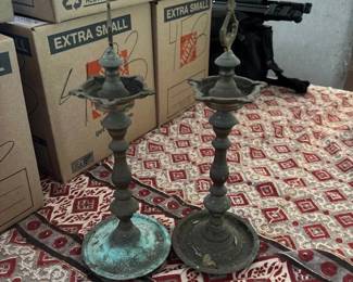 SAT510 - Vintage Indian Brass Pricket Oil Lamps (Matched Pair
