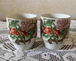 SAT111 - Pair of Vintage Chinese Porcelain Floral Teacups - Pink Rose Motif