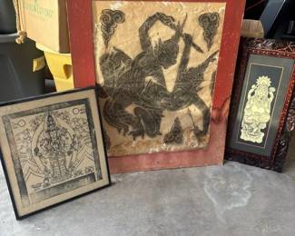 SAT524 - Lot of 3 Vintage Mid-Century Southeast Asian Temple Rubbing Art
