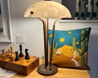 Vintage wooden chess set and pair of lamps