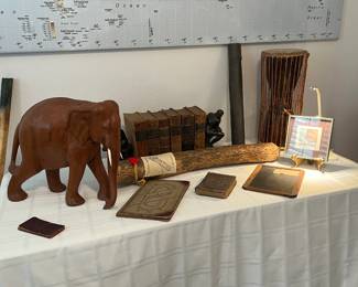 Rain stick, another drum, large wooden elephant