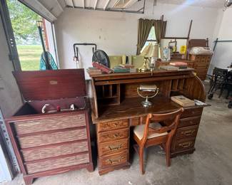 Vintage stereo cabinet, roll top desk, antique books