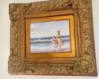 Girls at the beach with gilt frame