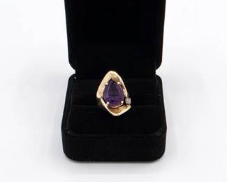 Vintage 14K Gold Amethyst Diamond Modernist Statement Ring