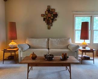 Paul McCobb Planner Group coffee table and matching end tables with original Planner Group literature, Restoration Hardware "The Cloud" sofa