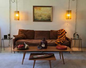 Carl Fagerlund for Orrefors amber glass hanging pendant lights, Paul McCobb Planner Group MCM tables