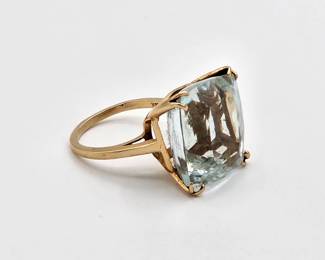 Vintage 14K Gold Aquamarine Ring Large Cushion Cut Statement Cocktail