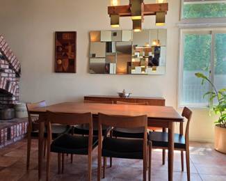 Danish teak dining table by Skovmand & Andersen / Moreddi, attributed to Kai Kristiansen, Set of six Mid-Century Swedish Kontiki teak dining chairs, attributed to Yngve Ekström for Hugo Troeds