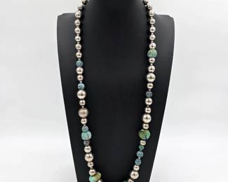 Sterling Silver Turquoise Bead Necklace 30” Southwestern 925 Statement 