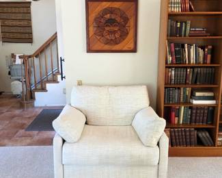 Restoration Hardware "The Cloud" chair, David Criner wooden assemblage MCM wall decor