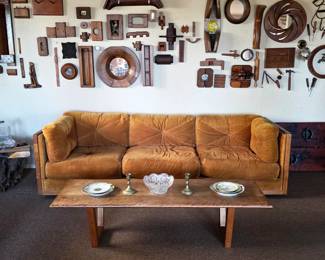 MCM sofa, MCM coffee table, Industrial forms, molds, and antique tools