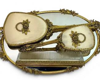 Vintage 24k GoldPlated Matson Regency Vanity Set Filigree Tray, Hand Mirror, Brush, Comb