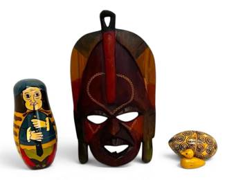 African Kenya Hand Carved Mask, Russian Matroshka Nesting Doll And Egg