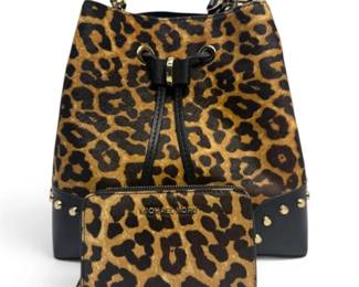 Michael Kors Mercer Gallery Small Bucket Bag w Leopard Print Calf Hair Finish Matching Wallet