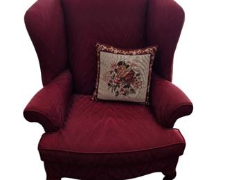 Hamilton House Burgundy Wingback Chair with Classic Queen Anne Style Legs and a Distinct Patterned Upholstery