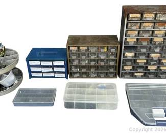 Two Vintage Metal RAACO Wall Mountable Parts Storage Bins Two Tiered Lazy Susan and Other Plastic Storage Containers