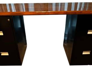 Two Lockable Metal File Cabinets with Beautiful Piece of Pine Wood