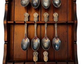 Vintage Wooden Spoon Rack with 10 WM Rogers and Son Silver Plated State Spoons
