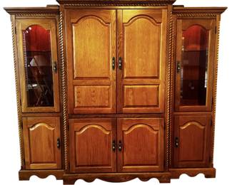 Vintage Solid Oak Lighted Entertainment Console