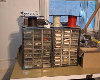 Pair of Vintage Akro-Mils 18-Drawer Metal Parts Storage Cabinets with Electronic Components
