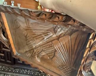Vintage Hand Carved Wood Serving Tray with Geometric Fan Motif