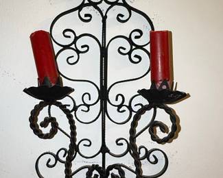 Vintage Wrought Iron Double Candle Wall Sconce with Scrollwork