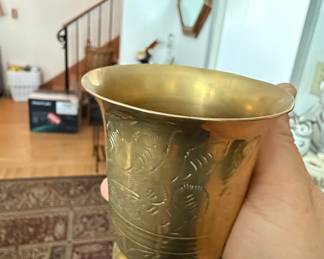 Vintage Hand-Etched Brass Lassi Cup or Vase, Made in India