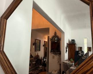 Vintage Octagonal Wood-Framed Wall Mirror with Stepped Profile