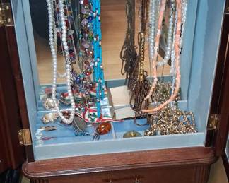 Vintage Wooden Jewelry Armoire with Floral Glass Doors