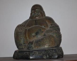 Vintage Bronze Laughing Buddha (Budai) Statue with Turtle