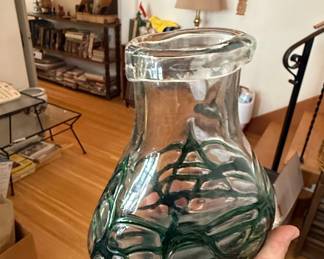 Mid-Century Modern Green Glass Lattice Overlay Vase
