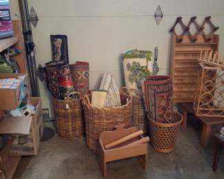 Estate Sale Assortment: Vintage Woven Baskets, Textiles, and Wall Decor