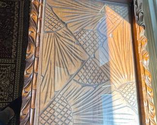 Vintage Hand Carved Wood Serving Tray with Geometric Fan Motif