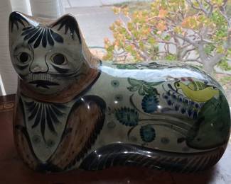 Vintage Mexican Tonala Pottery Cat Figurine with Bird and Floral Motifs