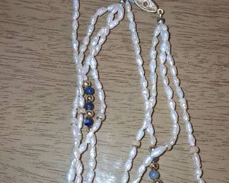 Multi-Strand Freshwater Pearl and Lapis Lazuli Necklace with Gold Tone Beads