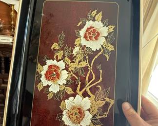 Vintage Toyo Japan Black Lacquerware Serving Tray with Peony Design