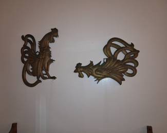 Vintage Brass Fighting Roosters Wall Hanging Pair