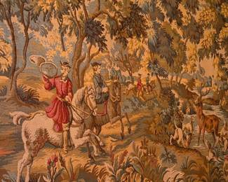 Vintage French Jacquard Hunting Scene Wall Tapestry