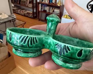 Vintage Green Glazed Ceramic Double Dish with Handle