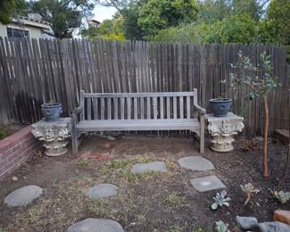 Weathered Teak Garden Bench with Cast Stone Ionic Pedestals