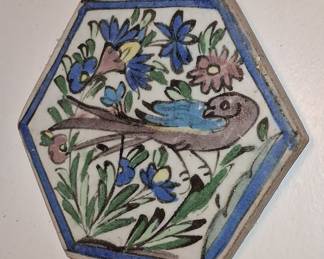 Hand-Painted Hexagonal Qajar Dynasty Ceramic Tile with Bird and Floral Motif