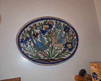 Antique Persian Iznik Style Ceramic Oval Plaque with Birds and Floral Motif