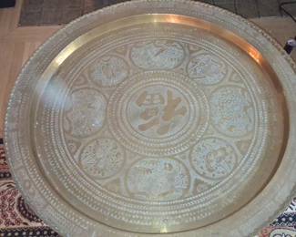 Vintage Chinese Etched Brass Tray Table with 'Fu' Symbol